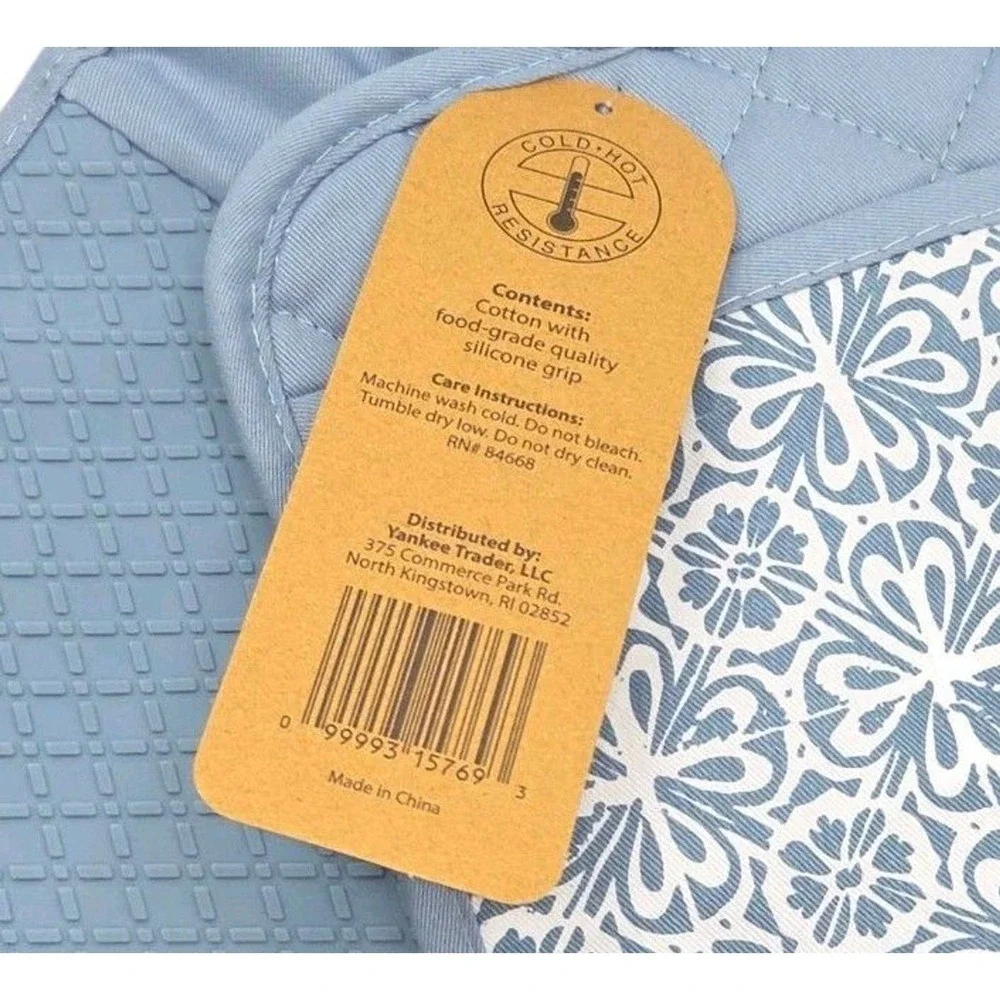 Bakers Choice‎ Blue Floral Cotton Silicone Pot Holder & Oven Mitt Set of 3 Piece